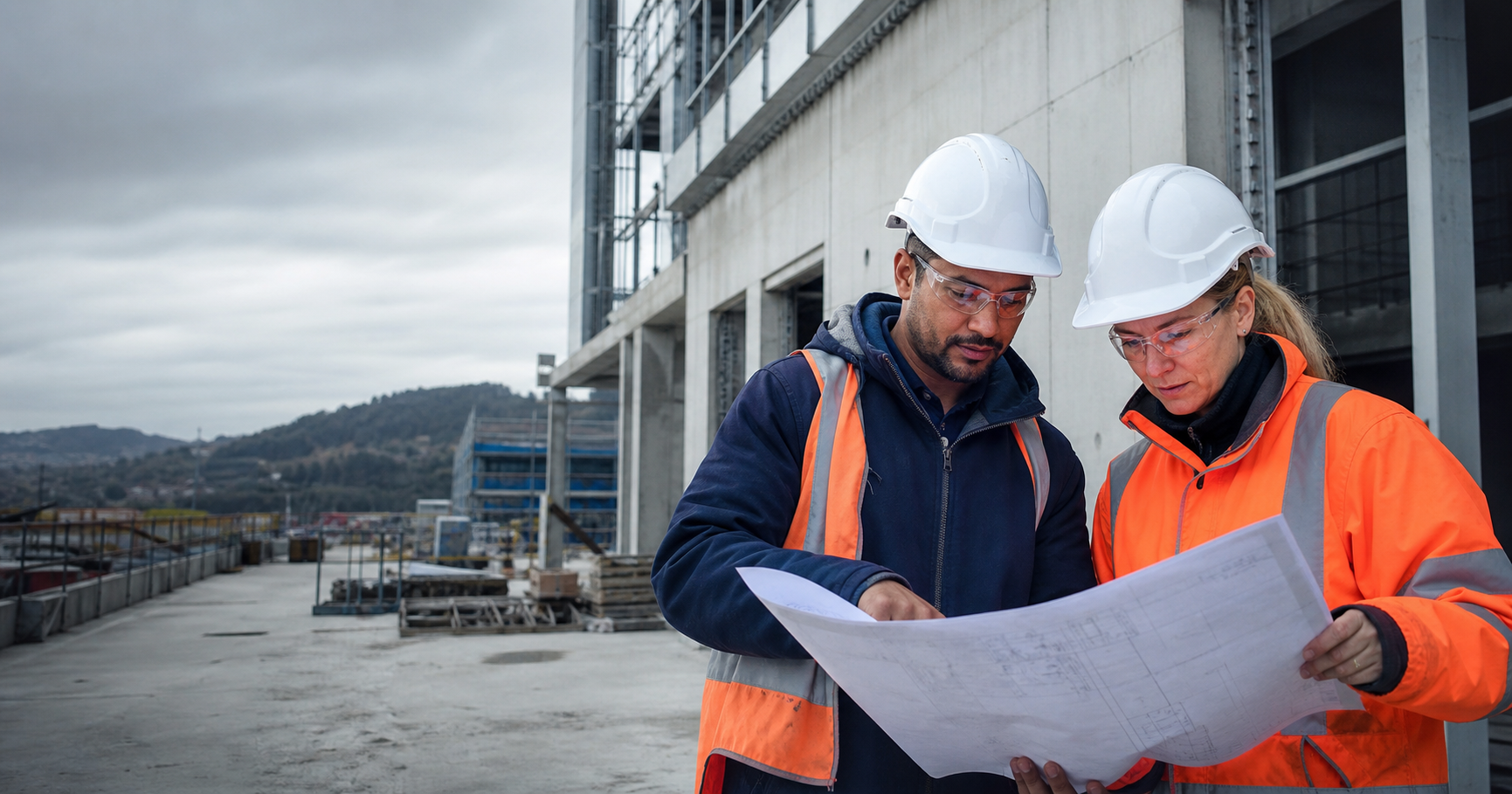 Construction professionals reviewing plans on a New Zealand worksite